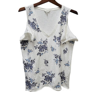 Lucky Brand 100% Cotton White Blue Embroidered Flower Cold Shoulder Top Medium